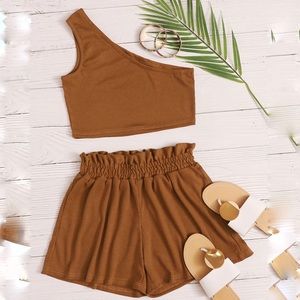 One Shoulder Crop Top & Paperbag Waist Shorts